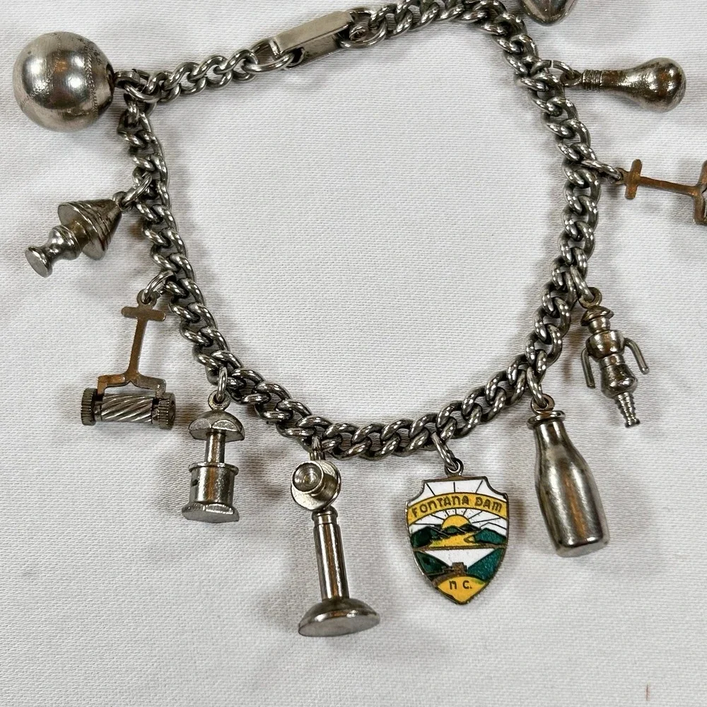 Vintage 1950 Charm Bracelet 11 Charms Travel Themed Silver Tone Clamp Soldier